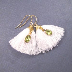 Tassel Earrings, White Cotton and Green Glass Rhinestones, Gold Dangle Earrings, FREE Shipping