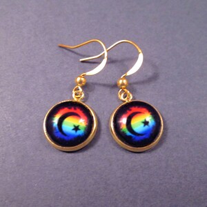 Rainbow Cabochon Earrings, Crescent Moons and Stars, Gold Dangle Earrings, FREE Shipping