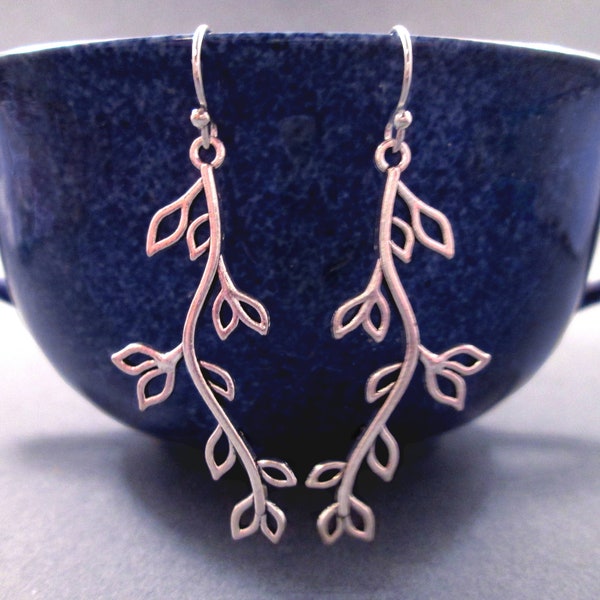 Leaf Vine Earrings, Rhodium Silver Earrings, Long Dangle Earrings, FREE Shipping