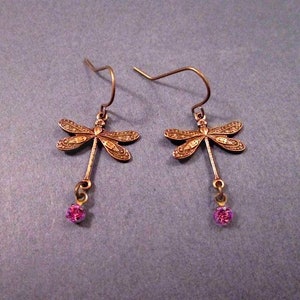 Dragonfly Earrings, Pink Glass Rhinestones, Brass Dangle Earrings, FREE Shipping image 2