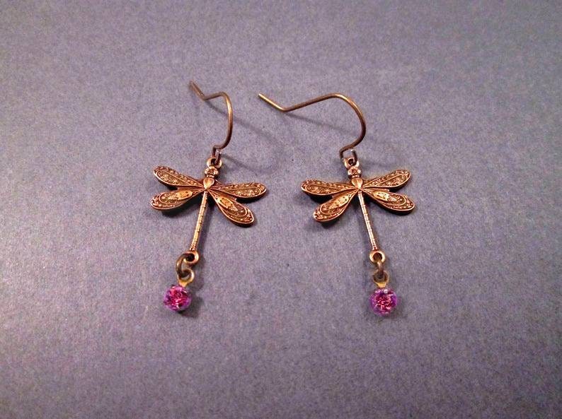 Dragonfly Earrings, Pink Glass Rhinestones, Brass Dangle Earrings, FREE Shipping image 2