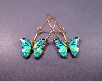 Butterfly Hoop Earrings, Aqua Blue Green Butterflies, Gold Hoop Earrings, FREE Shipping