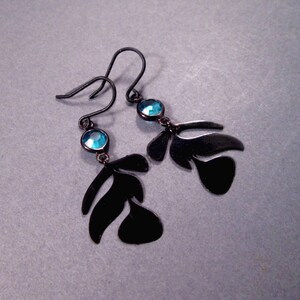 Leaf Vine Earrings, Blue Glass Bezels and Black Die Cut Pendants, Gunmetal Silver Dangle Earrings, FREE Shipping image 2