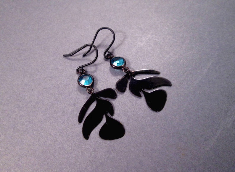 Leaf Vine Earrings, Blue Glass Bezels and Black Die Cut Pendants, Gunmetal Silver Dangle Earrings, FREE Shipping image 2