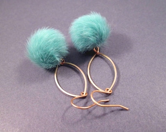 Pom Pom Earrings, Seafoam Green Faux Fur Earrings, Raw Brass and Gold Dangle Earrings, FREE Shipping