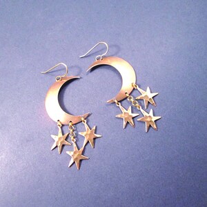 Crescent Moon and Star Earrings, Hammered Charms, Chandelier Earrings, Raw Brass and Gold Dangle Earrings, FREE Shipping image 2