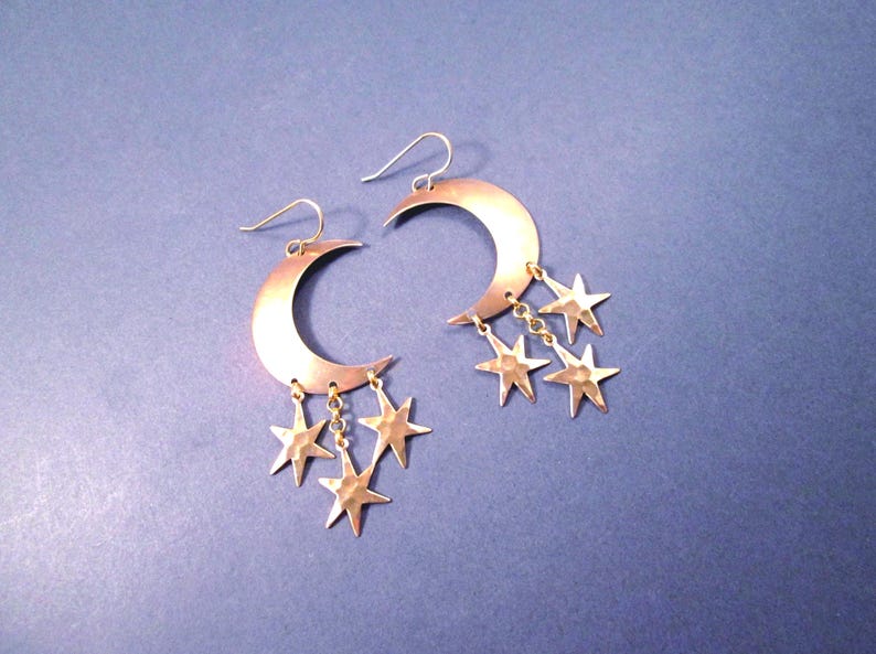 Crescent Moon and Star Earrings, Hammered Charms, Chandelier Earrings, Raw Brass and Gold Dangle Earrings, FREE Shipping image 2