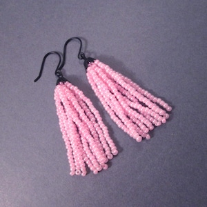 Pink Tassel Earrings, Glass Seed Beaded Tassels, Gunmetal Silver Dangle Earrings, FREE Shipping