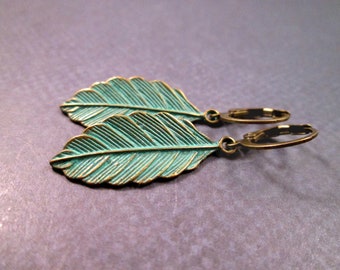 Verdigris Patina Leaf Earrings, Circle Lever Back Hoops, Brass Dangle Earrings, FREE Shipping