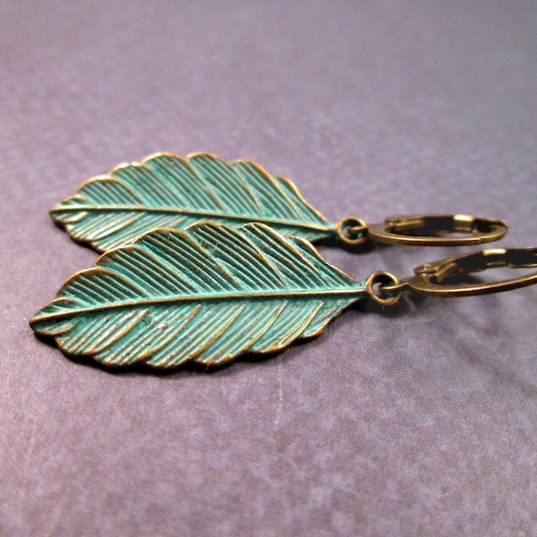 Verdigris Patina Leaf Earrings, Circle Lever Back Hoops, Brass Dangle Earrings, FREE Shipping