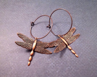Dragonfly Earrings, Copper Dangle Hoop Earrings, FREE Shipping