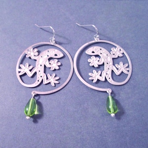 Gecko Earrings, Etched Silver Lizards and Glass Drop Beads, Silver Dangle Earrings, FREE Shipping