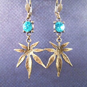Marijuana Leaf Earrings, Blue Rhinestone and Brass Dangle Earrings, Cannabis Earrings, FREE Shipping