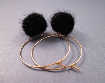 Pom Pom Earrings, Black Faux Fur Earrings, Gold Hoop Earrings, FREE Shipping