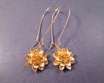 Flower Earrings, Brushed Gold Lotus Blossoms, Long Dangle Earrings, FREE Shipping