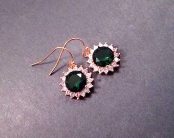 Cubic Zirconia Earrings, Emerald Green and White, Rose Gold Dangle Earrings, FREE Shipping