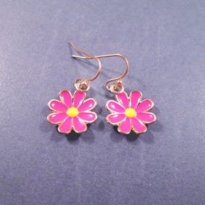 Daisy Earrings, Pink and Yellow Enamel Lacquer, Gold Dangle Earrings, FREE Shipping