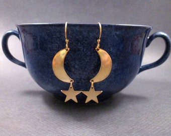 Crescent Moon Earrings, Moon and Stars, Gold Dangle Earrings, FREE Shipping