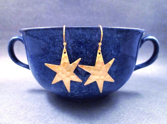 Star Earrings, Hammered Raw Brass Earrings, Gold Dangle Earrings, FREE Shipping