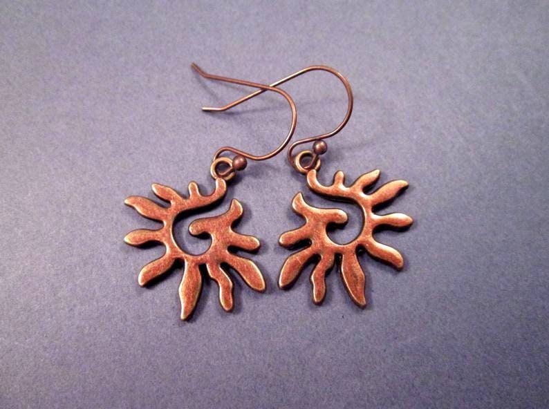FREE Shipping U.S. Spiral Sun Earrings Tribal Style Copper Dangle Earrings