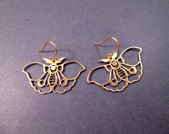 Moth or Butterfly Earrings, Raw Brass and Gold Dangle Earrings, FREE Shipping