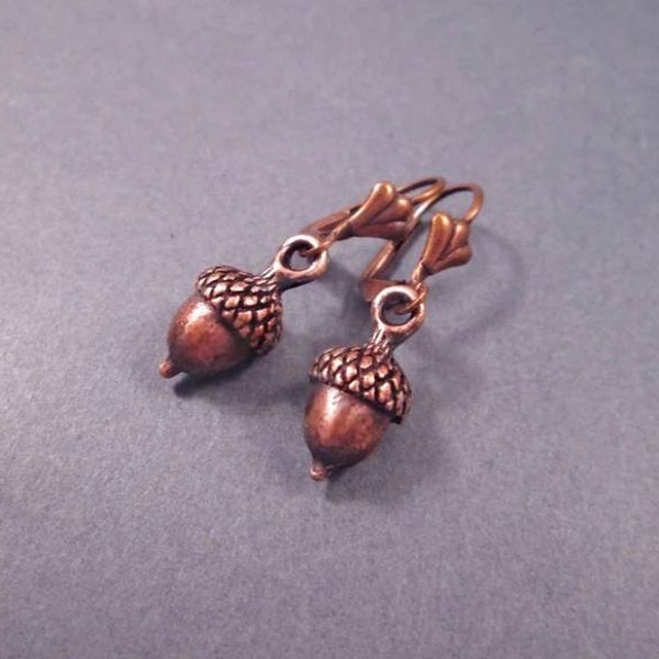 Acorn Earrings, Rustic Woodland Style, Lever Back Ear Wires, Copper Dangle Earrings, FREE Shipping