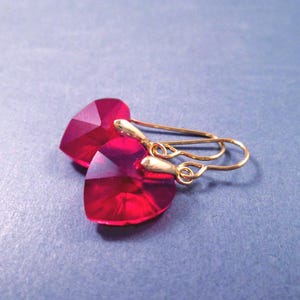 Crystal Heart Earrings, Ruby Red and Gold Dangle Earrings, FREE Shipping