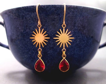 Starburst and Red Glass Bezel Earrings, Raw Brass Suns and Gold Teardrop Charms, Dangle Earrings, FREE Shipping