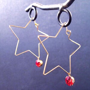 STAR Hoop Earrings, Red Glass Rhinestones, Gold Dangle Hoop Earrings, FREE Shipping