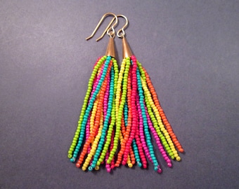 Tassel Earrings, Rainbow Glass Seed Beaded Fringe Earrings, Gold Dangle Earrings, FREE Shipping