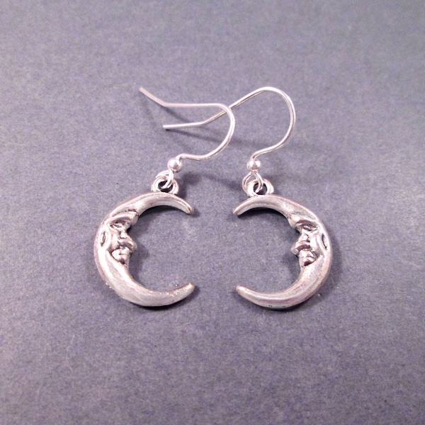 Crescent Moon Earrings, Man in the Moon, Silver Dangle Earrings, FREE Shipping