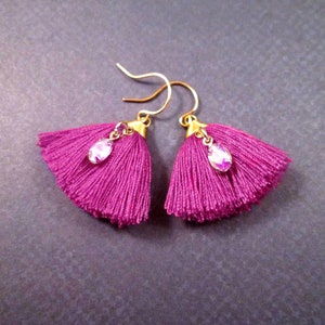Tassel Earrings, Violet Cotton and Glass Rhinestones, Gold Dangle Earrings, FREE Shipping