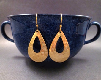 Teardrop Loop Earrings, Hammered Raw Brass Earrings, Gold Dangle Earrings, FREE Shipping