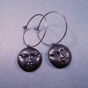 Full Moon Face Earrings, Gunmetal Silver Dangle Hoop Earrings, FREE Shipping