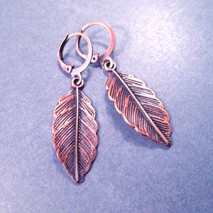 Leaf Earrings, Circle Lever Back Hoops, Copper Dangle Earrings, FREE Shipping