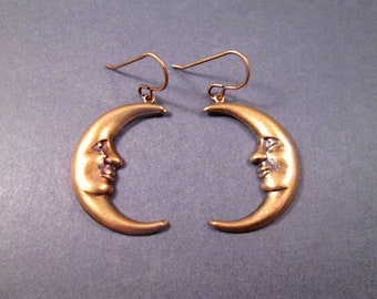 Crescent Moon Earrings, Man in the Moon, Brass Dangle Earrings, FREE Shipping