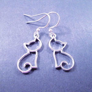 Cat Earrings, Sitting Pretty, Silver Dangle Earrings, FREE Shipping