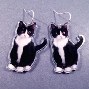 Tuxedo Cat Earrings, Black and White Acrylic Pendants, Silver Dangle Earrings, FREE Shipping