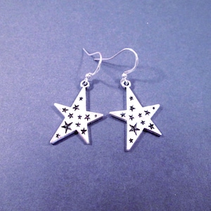 Star Earrings, Etched Silver Dangle Earrings, FREE Shipping