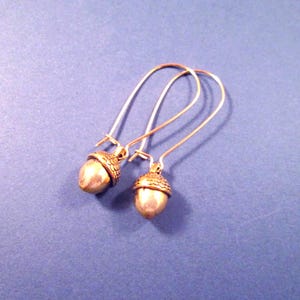 May include: A pair of acorn-shaped earrings. The earrings feature a gold-colored acorn pendant with a textured cap and a silver-colored hook. The earrings are displayed on a blue background.