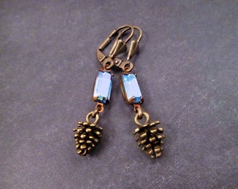 Pine Cone Dangle Earrings, Brass Pinecone and Indigo Blue Rhinestone Drop Earrings, FREE Shipping