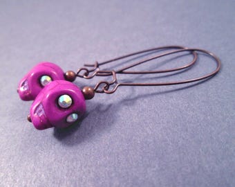 Skull Earrings, Purple Stone Skulls with Glass Rhinestone Eyes, Copper Dangle Earrings, FREE Shipping