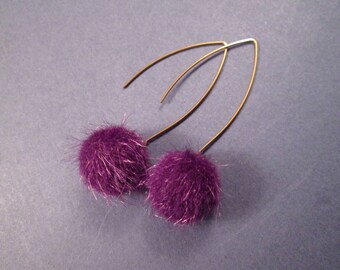 Faux Fur Earrings, Deep Purple Acrylic Pom Pom Earrings, Gold Dangle Earrings, FREE Shipping