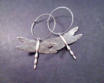 Dragonfly Earrings, Oxidized Silver Dangle Hoop Earrings, FREE Shipping