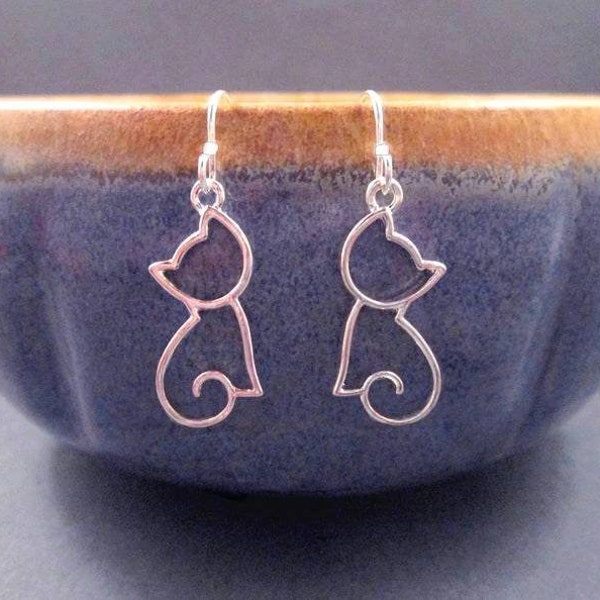 Cat Earrings, Sitting Pretty, Silver Dangle Earrings, FREE Shipping