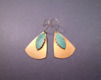 Fan and Leaf Earrings, Raw Brass Fans and Verdigris Patina Leaves, Long Dangle Earrings, FREE Shipping