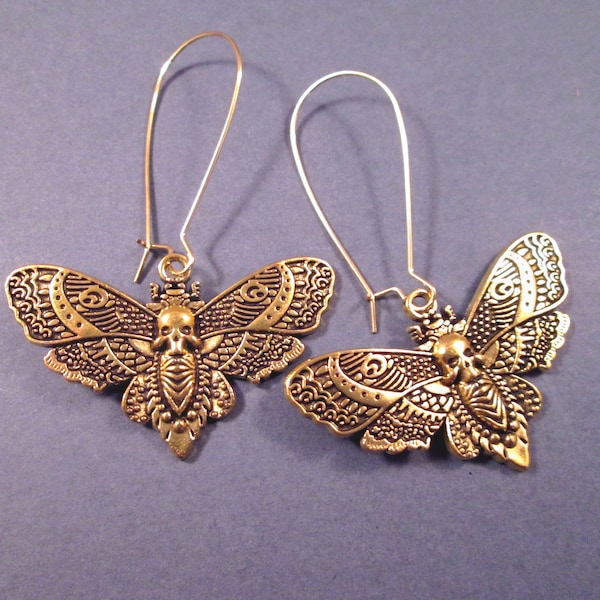 Moth Earrings, Antiqued Golden Deaths Head Moth, Long Gold Dangle Earrings, FREE Shipping