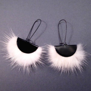 Larger Size Fur Earrings, White and Black Fan Earrings, Mink Fur and Gunmetal Silver Dangle Earrings, FREE Shipping image 2