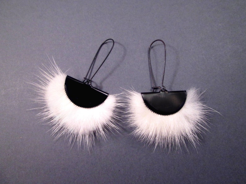 Larger Size Fur Earrings, White and Black Fan Earrings, Mink Fur and Gunmetal Silver Dangle Earrings, FREE Shipping image 2