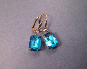 Rhinestone Earrings, Aqua Blue Glass Stones, Brass Dangle Earrings, FREE Shipping